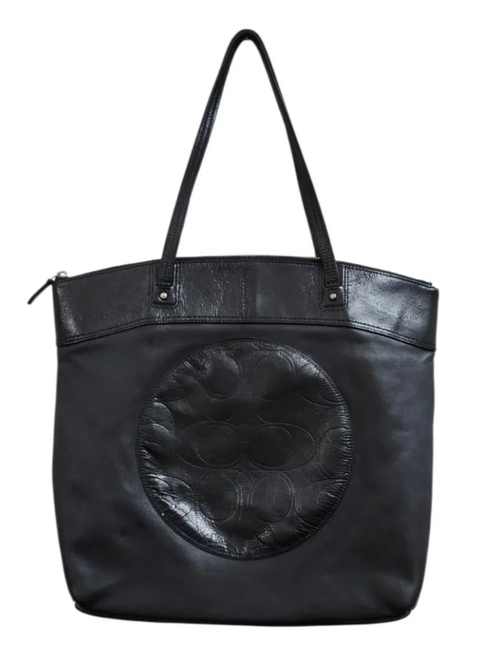 Coach Black Leather Tote Bag Large Signature Embossed Shoulder Bag Zip Top Class - Picture 2 of 13